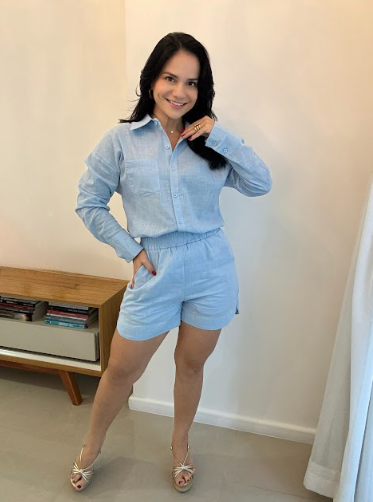 conjunto feminino linho azul claro