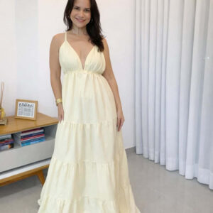 Vestido longo amarelo feminino com decote V