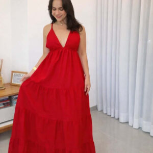 Vestido longo vermelho feminino costas abertas