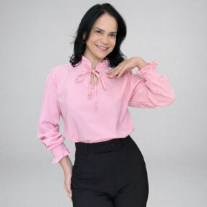Blusa rosa manga longa feminina com laço no decote