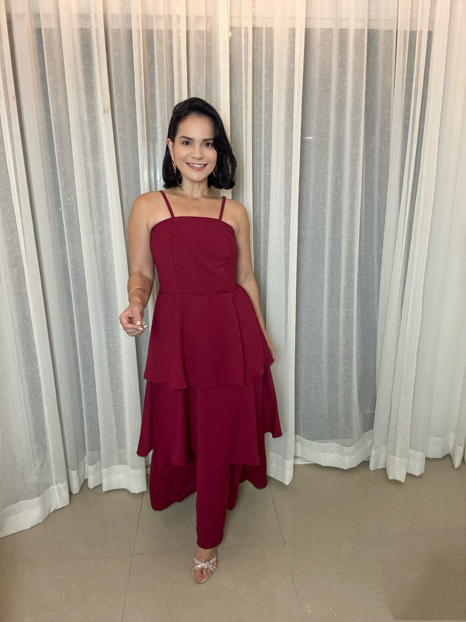 vestido marsala fluido look festa