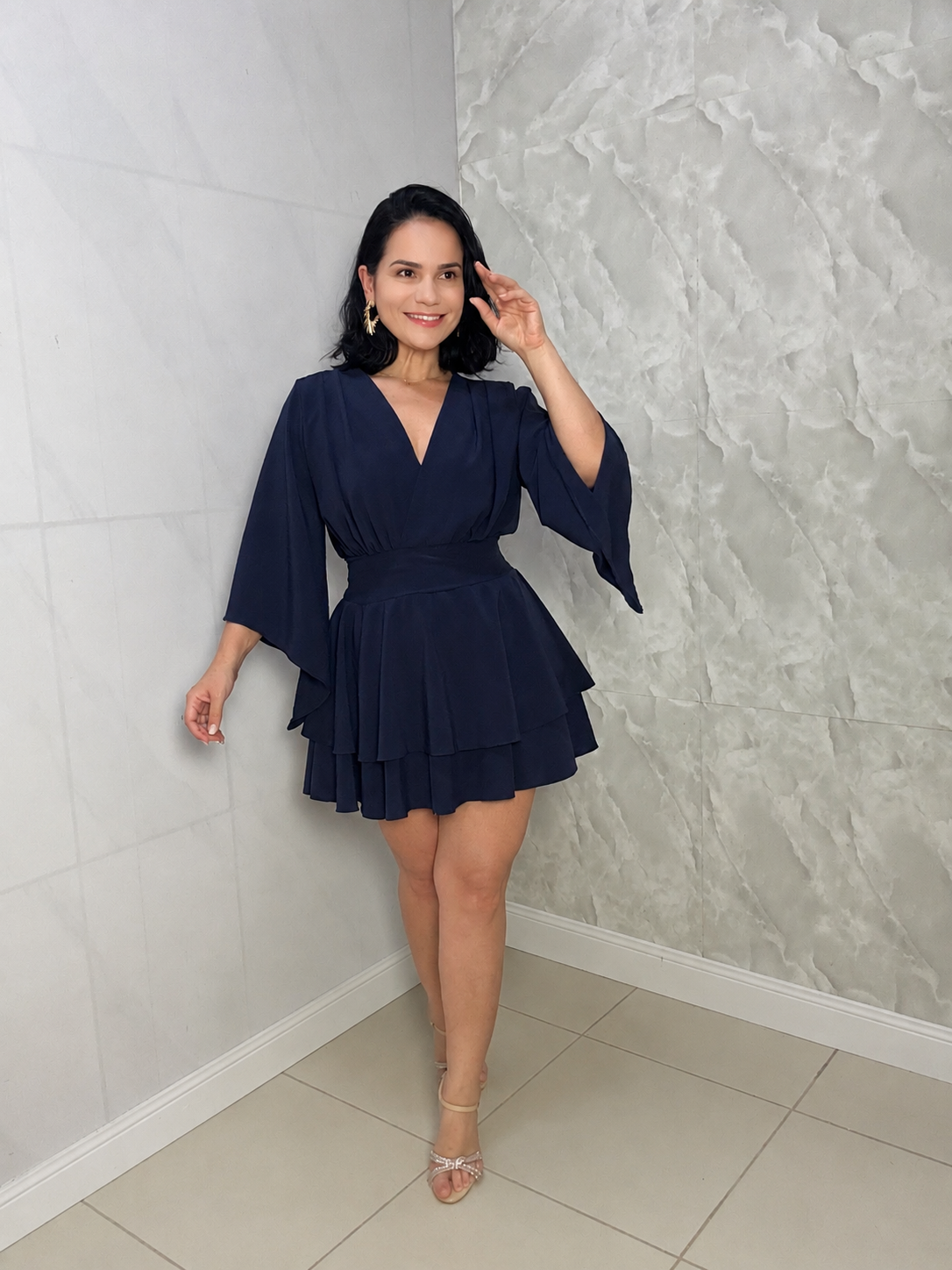 Macaquinho Azul Feminino Crepe Vegas
